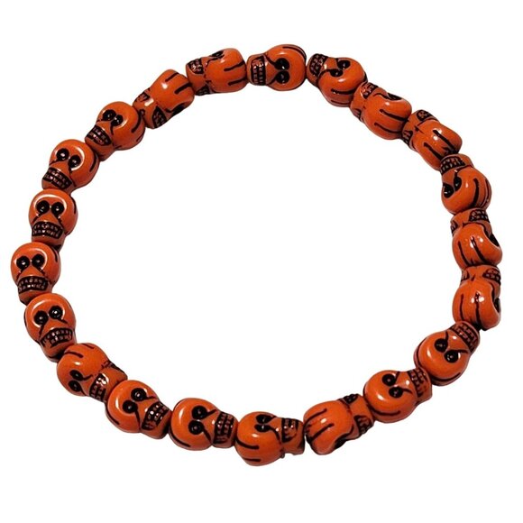 Halloween Orange Skull Beaded Stretch Bracelet Spooky Holiday Fashion Jewelry - Picture 1 of 3